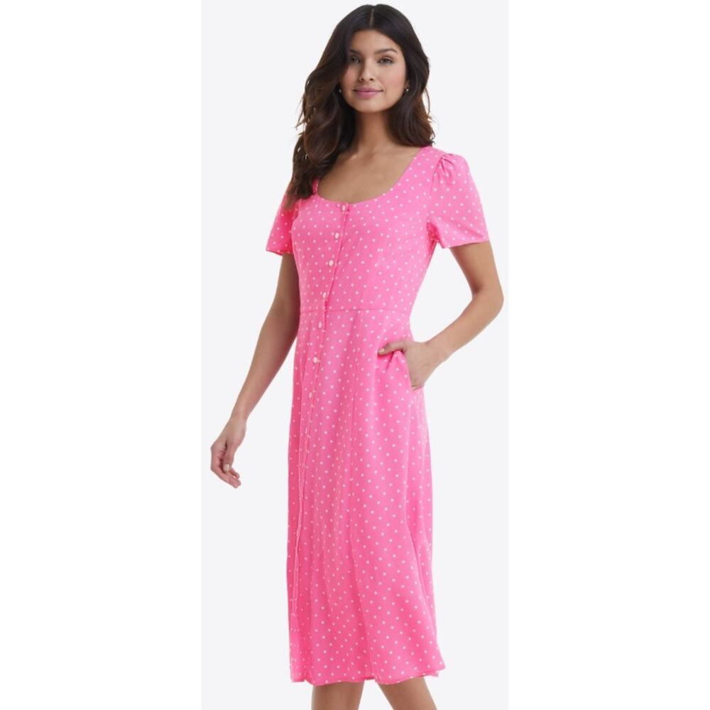 NWT Draper James Button Front Bonnie Midi Dress Pink Polka Dots Womens 12